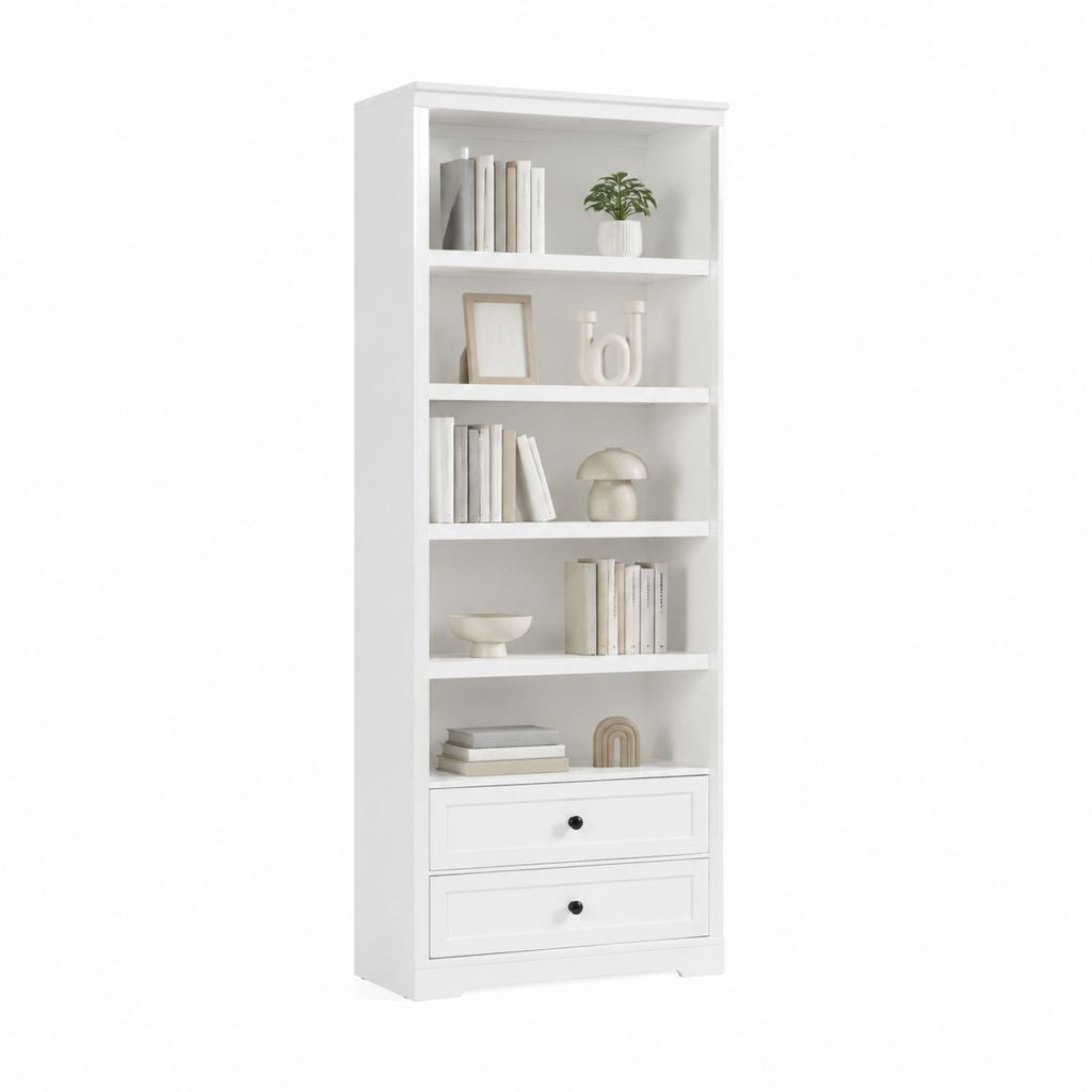 Bücherregal Weiß aus MDF mit 5 offenen Fächern und 2 Schubladen 80 x 30 x 190 cm