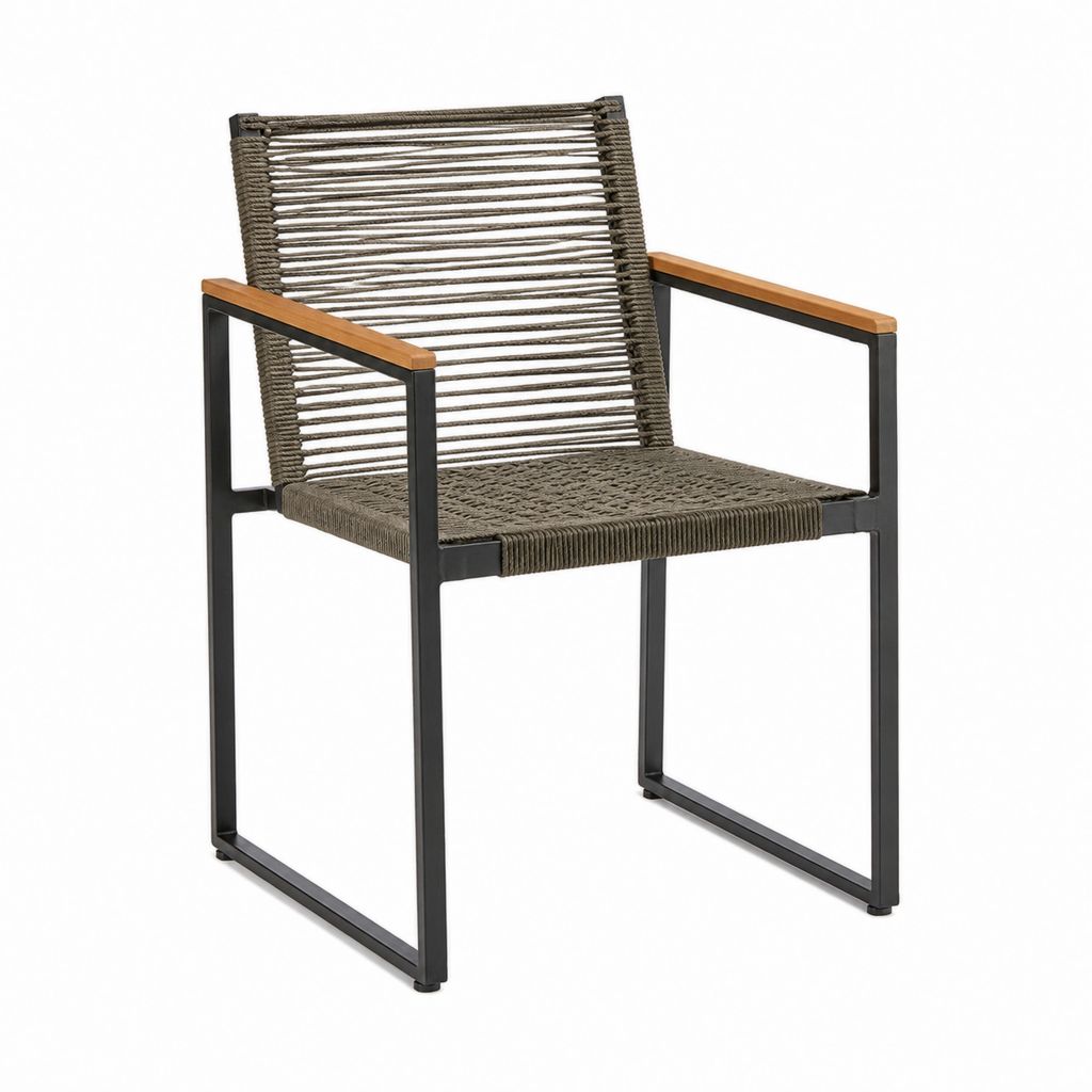 Garten-Armlehnstuhl Braun Schwarz aus pulverbeschichtetem Stahl PE-Seilgeflecht und Akazienholz rechteckig 56 x 60 x 82 cm