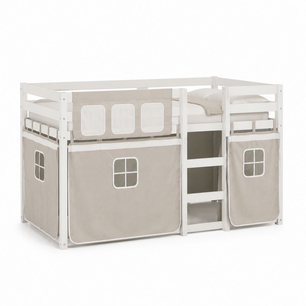 Kinderhochbett mit Spielvorhang Weiß Beige Kiefer-Massivholz Polyester rechteckig 90 x 200 cm 208 x 98 x 110 cm