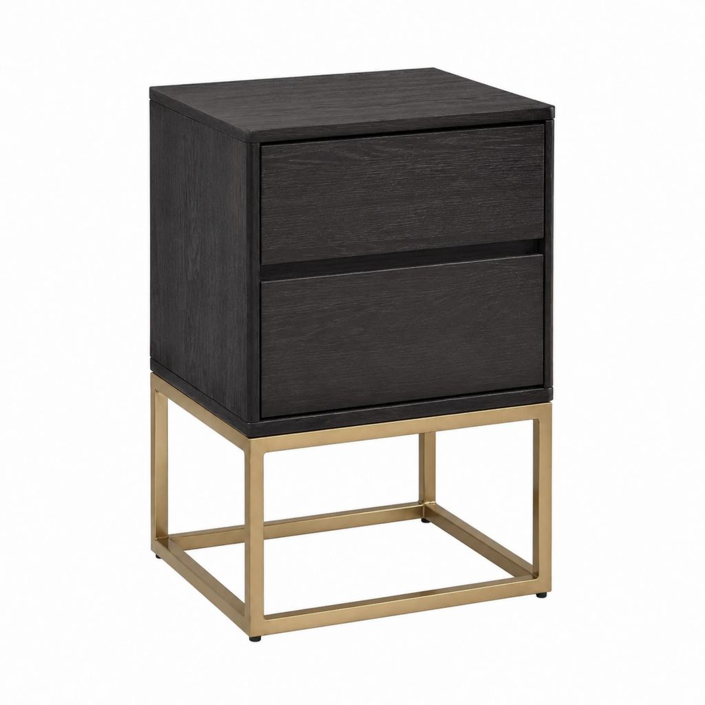 Nachttisch mit 2 Schubladen Schwarz MDF mit Eichenfurnier Edelstahl rechteckig 45 x 40 x 60 cm