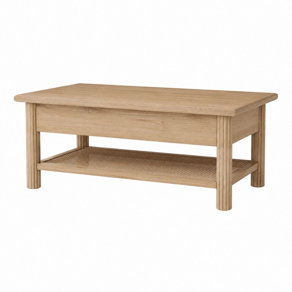 Couchtisch Eiche natur Massivholz rechteckig mit Schublade und Rattangeflecht 110 x 60 x 45 cm