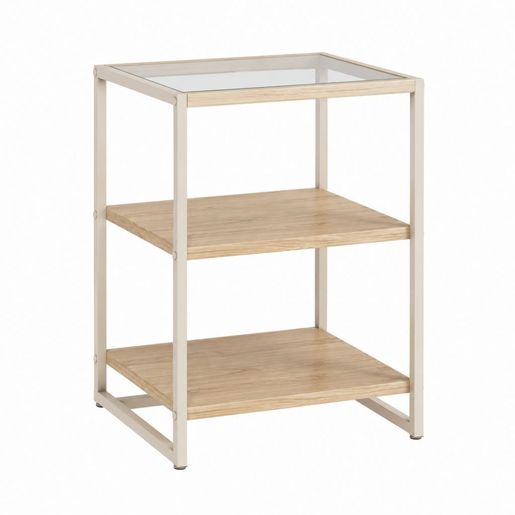 Beistelltisch mit 3 Ablagen Weiß Eichenoptik Stahl MDF Glas 40 x 40 x 60 cm