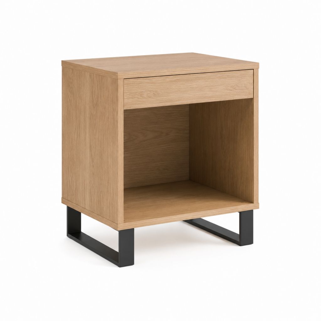 Nachttisch mit Schublade und offenem Fach Eichenholzdekor MDF Stahlgestell 50 x 40 x 60 cm