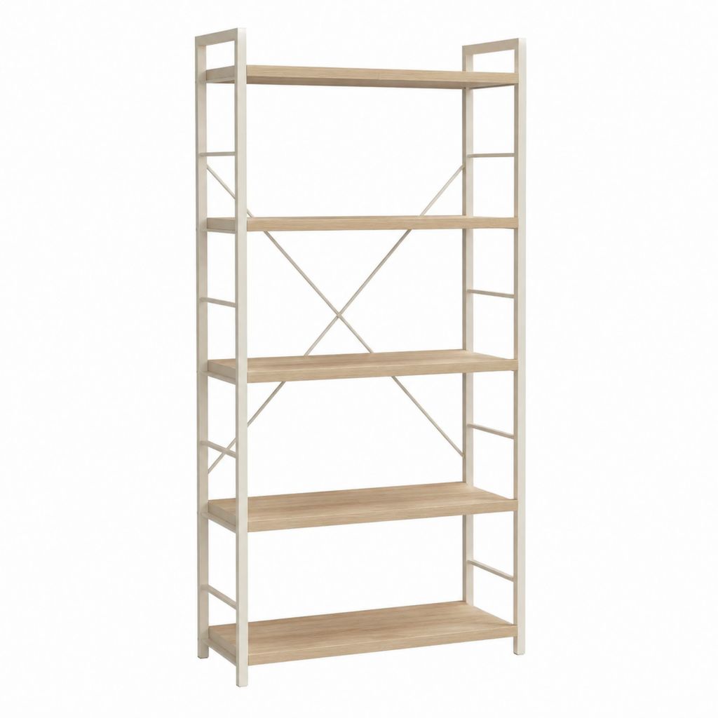 Bücherregal 5 Ebenen Eichenoptik Weiß aus Spanplatte und Stahl 80 x 30 x 180 cm